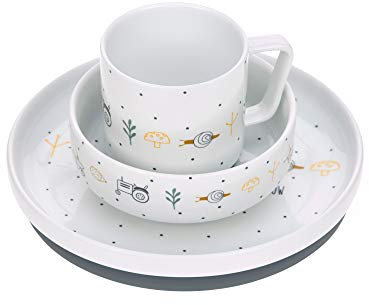 LÄSSIG Geschirrset Porzellan Kindergeschirrset Teller Schüssel Tasse mit Silikonring rutschfest Kindergeschirr/ Garden Explorer boys