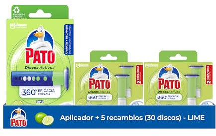 Pato Discos Activos Lima - Pack de Aplicador para WC con 5 Recambios (30 Discos) - Limpia y Perfuma el Inodoro