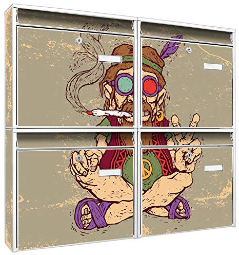 banjado Briefkastenanlage 4 Fach - Postkästen groß - verzinkter Stahl weiß DIN A4 Motiv Peace - Briefkasten Set 4 Briefkästen Namensschild, 2 Schlüssel, Montagematerial