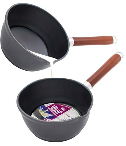 16cm 1.8L Non Stick Milk Pan - Cookware Black Stir Kitchen Wooden Handle Cooking | Pouring Spout | Easy to Clean and Multipurpose | Boil Eggs Warming Milk - 1.8 Litre