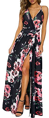 Newshows Women's Summer 2025 Dresses V Neck Spaghetti Strap Vacation Outfits Casual Floral Split Long Maxi Dress for Spring Wedding Guests (Black Floral Pink, Large)