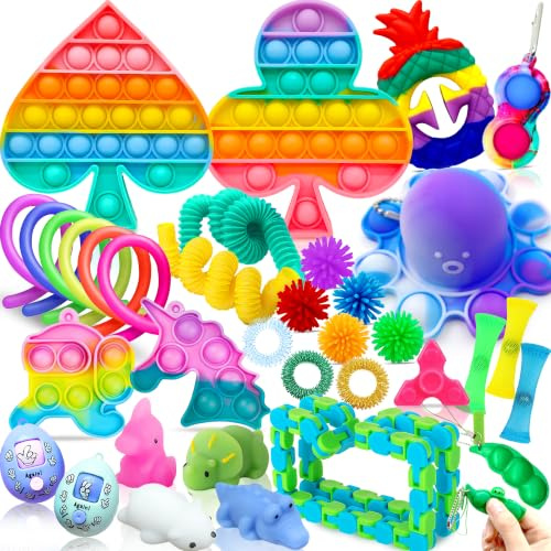 Chennyfun Fidget Toy Set, 36PCS, Rainbow Color | With Box, Sensory Anxiety Relief Stress Toys for Autism, Octopus Relaxing Entertainment, Birthday Gift for Kids Adults