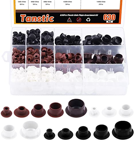 Tanstic 630Pcs 5mm 6mm 8mm 10mm 14mm Plastic Hole Plugs Cabinet Hole Plugs Round Button Plugs Plastic Flush Type Hole Plugs Screw Cap Drilling Cover Plugs for Cupboard Cabinet Shelves(3 Colors)