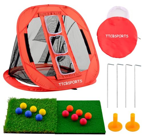 TTCBSPORTS Golf Chipping Net, Pop Up Simulator Hitting Net with 2 Turf Mat & 12 Foam Balls, Golfer Accessories for Backyard & Driving Range, Great Gifts for Men, Portable Golf Net Indoor/Outdoor