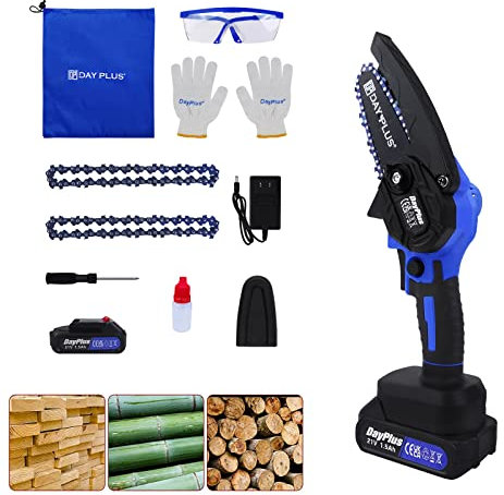 Mini Tronçonneuse à Batterie, 4-Pouces Tronçonneuse Electrique Sans Fil Brushless avec Bouton de Sécurité, 1.5Ah Batterie et 2 Chaînes, Scie Électrique à Main Pour Jardinage, Elagueurs, Coupes à Bois