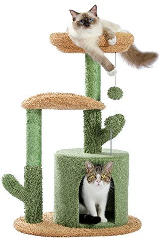 PETEPELA Cat Scratching Post 78 cm Modern Cactus Cat Scratching Post for Small Medium Size Cats Cat Tree with Plush Cave Bobble Ball Sisal Rope Scratching Post