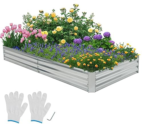GiantexUK Raised Garden Bed (240 x 120 x 30cm, Silver) | Galvanized Metal Rectangular Planter Box with Open Bottom, Outdoor Elevated Flower Pots Grow Box Containe