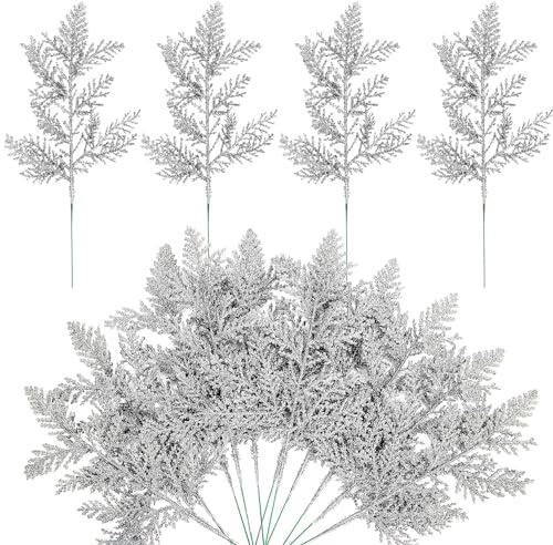 KARBAG 10 PCS Artificial Christmas Glitter Leaves, 10.6 Inch Fake Foliage Pine Stems Picks Artificial Silver Leaves Glitter Picks for Christmas Tree DIY Garland Wreath Home Garden Decoration