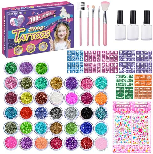Glitzer Tattoo Set Kinder,Glitzertattoos Kinder Set Mädchen - 38 Farben 182 Tattoo Schablonen 3 Kleber 5 Pinsel Temporäre Tattoos Glitter Geschenk für Mädchen Partys Geburtstag Ostern Weihnachten