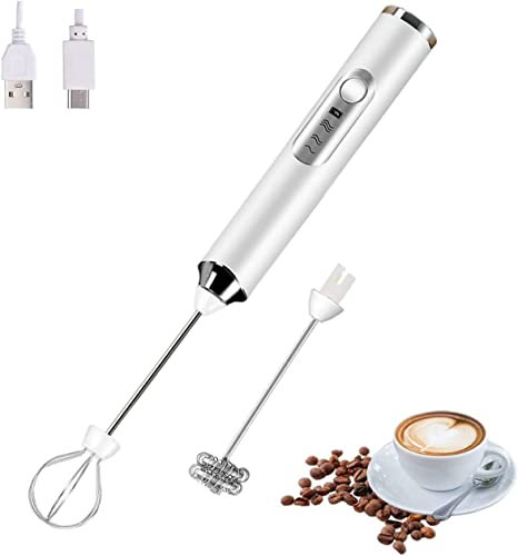 HYTTER - Espumador de leche eléctrico portátil con 2 cabezas, batidor de espuma con USB recargable de 3 velocidades, mezclador de espuma para latte, capuchino, chocolate caliente, huevo (Blanco)