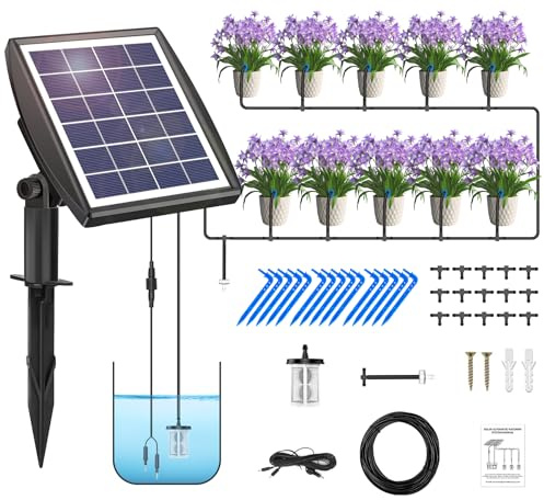 Impianto Automatica Solare Kit, Sistema Automatico di Irrigazione del Giardino, 100% Antisifone Kit di Irrigazione Automatica per Vasi con 15m Tubo di Irrigazione, 6 Modalità di Temporizzazione