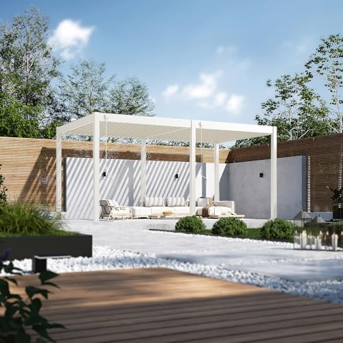 Weide Classic Pergola freistehend mit verstellbarem Lamellendach | Witterungsbeständiger Pavillon für Garten & Terrasse mit Handkurbel und integriertem Wasserablauf 3 x 5.3 m Weiß