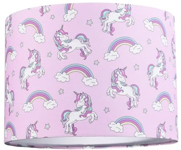 Beautiful Modern Soft Lilac Cotton Lamp Shade with Unicorns Clouds and Rainbows | 25cm x 18cm | Features Inner White Cotton Fabric Lining by Happy Homewares
