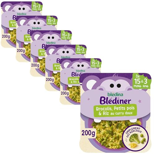 Blédina Morceaux à Dévorer - Petits Plats Bébé - Brocolis; Petits Pois et Riz au curry doux - Dès 15 Mois - 6 Assiettes de 200g