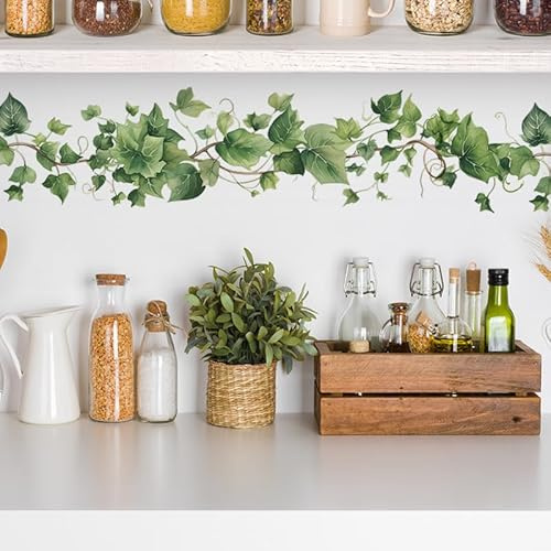 HGDESIGN® Väggdekal, väggklistermärke, gröna blad, växter, blomma, ranka, murgröna, vinranka, blomkruka, väggklistermärke, väggdekoration för vardagsrum, sovrum, hall, kök, bar (A)