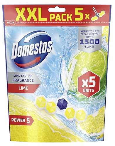 Domestos Power 5 Lime Toilet Rim Blocks Toilet Freshener with a Long-Lasting Fragrance Clean and Freshen for up to 300 Flushes, 5 Pack 50 g