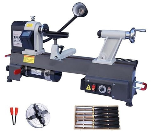 Mini Tour D'établi For Le Travail Du Bois 1200 W 480 X 150 Mm, Avec Mandrin De Liaison À Quatre Mâchoires De 4 Pouces Et 6 Outils De Tournage HSS, Tour À Vitesse Continue À 2 Vitesses 420~1850 Tr/mi