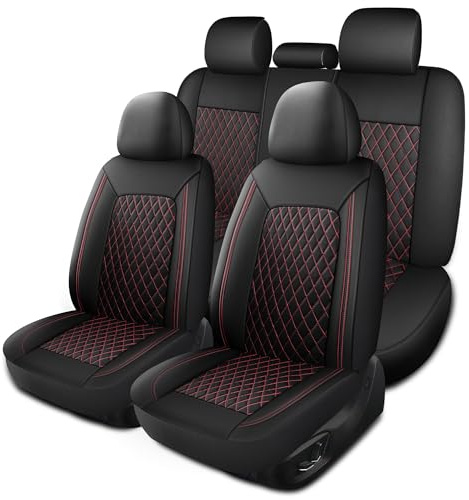 HChengkikz Leather Car Seat Covers, Breathable and Waterproof Seat Cover Full Set, PU Premium Universal Fit Automotive Airbag Compatible for Cars Sedans SUVs Vans and Trucks (Full Set, Black+Redline)