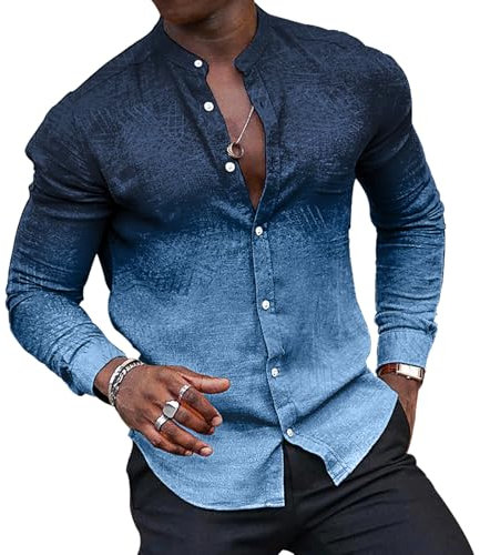 Wirltte Mens Shirts Long Sleeve Casual Gradient Regular Fit Button Down Shirt Blue L