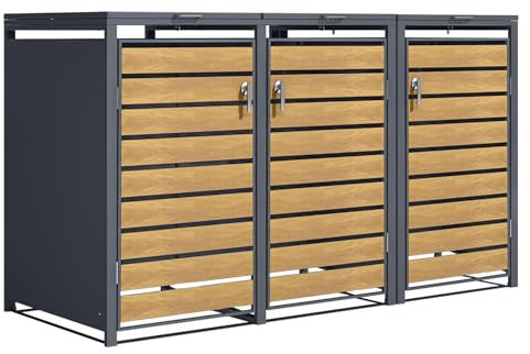 Phoenix GB3320AWK Triple Wheelie Bin Storage, Wood Effect & Anthracite, Lockable Bin Store, Weather-Resistant, Soft-Close Lid, Gas Pressure Springs, Outdoor Rubbish Shed, 80D x 200W x 116H cm