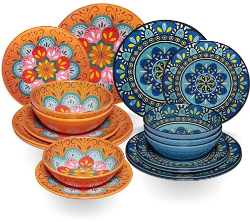 Melamin Geschirr Set Toskana Pastel für 6 Personen - 18 Teile - Orange-Blau - Mandala-Optik Spülmaschinengeeignet Essgeschirr Campingzubehör Campinggeschirr Wohnwagen Camping Festival Picknick Party