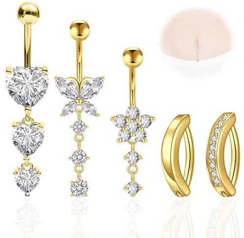 RUKAN 5 Pièces Piercing Nombril 16 mm Acier Chirurgical CZ Coeur Papillon Diamant Piercing Nombril Piercing Bijoux pour Femmes Hommes Or