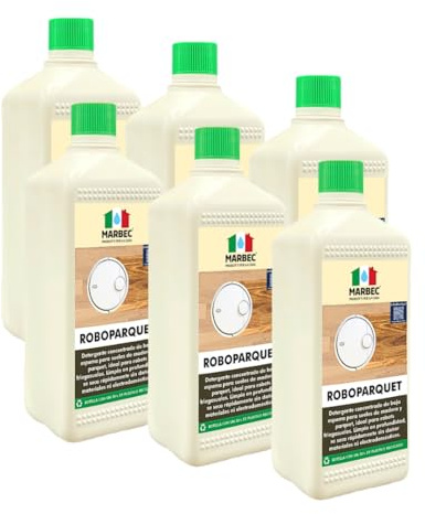 MARBEC ROBOPARQUET 1LTx6PZ Detergente concentrado de baja espuma para la limpieza de suelos de madera y parquet con robots lavasuelos. Limpia en profundidad y se seca rápidamente.