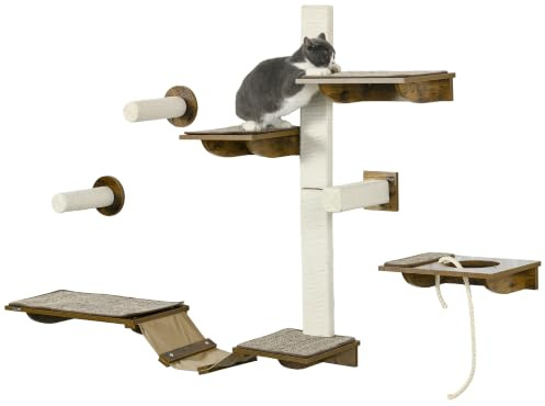 PawHut Kletterwand Katzen 8-teilig mit Kratzbäumen bis zu 5 kg Braun | Katzen Kletterwand Set, Sitzstangen, Kratzbrett, Katzentreppe, Wand Katzenmöbel