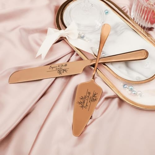MFCHICIFY Tortenschneide-Set, personalisierbar, mit Gravur, Tortenschneider-Servierset, Hochzeitstorten-Set, Jahrestagsandenken, Hochzeitsgeschenk für Brautparty (Roségold)