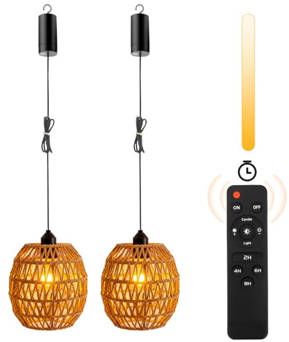 ExKeen Hängeleuchte Rattan, Boho Rattan Lampe Vintage Hängelampe Tragbare, Btteriebetriebene Lampe mit Fernbedienung, Hängelampe Outdoor für Patio Bar Garten Terrasse Wohnzimmer Schlafzimmer (Kreis)