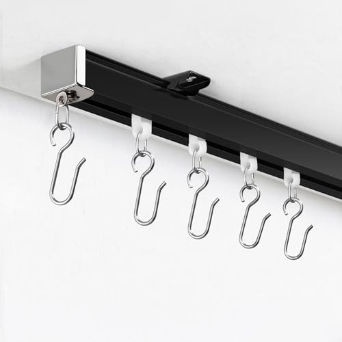 Houmiggle Ceiling Curtain Track System with Wall Mount, Silent Curtain Rail for Room Divider with Three Types of Hooks, 15ft - 18ft, Black