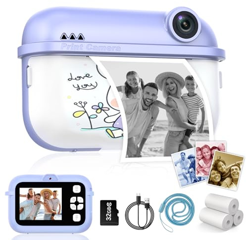 Camara Fotos Infantil Instantanea, 48 MP Cámara de Fotos Instantánea con Tarjeta de 32G y 3 Rollos Papel de Impresión, Regalo para Niñas y Niños de 3 a 12 Años