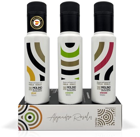 MOLINO DE LAS TORRES Aceite Oliva Virgen Extra Premium Estuche 3 Variedades Jaén Cosecha Temprana Octubre 2025 | Aceite Primera Prensada (3 X 100 ML, PICUAL,ARBEQUINA, ARBOSANA)