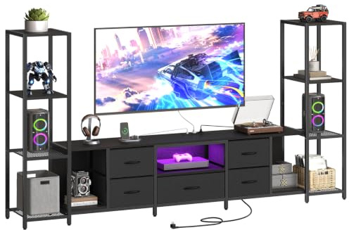 HOOBRO TV-Schrank, Lowboard mit LED, für Fernseher bis 75 Zoll, 241 cm lang | TV Board mit Ladestation, Fernsehtisch, Fernsehschrank mit Seitenablagen, Schwarz EBB178CDDS01