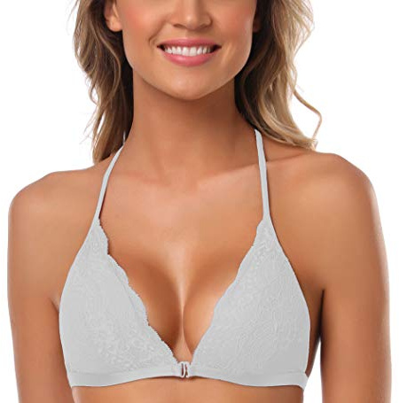 SHEKINI Spitzen BH Damen ohne Bügel Gepolstert Bügelloser BH Verschluss Vorne Neckholder Racerback Bustier Triangel Bralette Spitze Unterwäsch