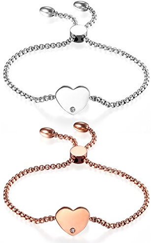 JewelryWe Schmuck Personalisierte Damen Armband, Edelstahl Strass Hochglanz Poliert Herz Verstellbar Charm Armkette Armreif mit Gravur, Silber Rosegold, Geschenke für Frauen Mädchen