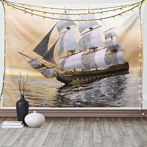 ABAKUHAUS maritim Wandteppich, Schiff auf Ozean aus Weiches Mikrofaser Stoff Waschbar ohne Verblassen Digitaldruck, 150 x 110 cm,Creme Braun