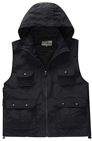 Daoba Hombres Chaleco Exterior con Capucha con Multibolsillos Posterior Removible Vest para Pesca Fotografía Impermeable