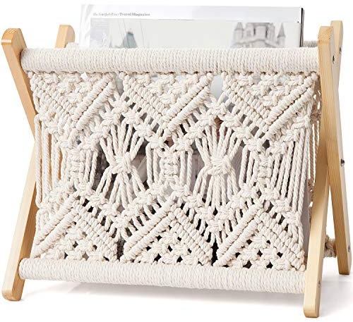 Mkono Macrame Magazine Rack Boho Storage Holder Standing Basket for Books, Newspapers, Swaddle Blanket, Dorm Essentials, Living Room, Bathroom, Office, Nursery, Home Decor, Small Size, 11.2”L x 7.5”W