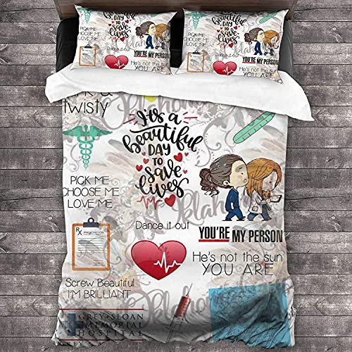 NICHIYOBI Grey's Anatomy Duvet Cover Bedding Set - Duvet Cover and Pillowcase, Microfibre, 3D Digital Print Three-Piece Bedding (5, Single 135 x 200 cm)