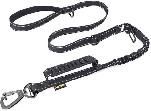 AUBELL Tactical Dog Leash Heavy Duty,4-6ft Reflective Strong No Pull Bungee Leash for Medium Large Dogs with Comfortable Padded Double Handle,Car Seat Belt,360 Degree Rotating Carabiner,Black