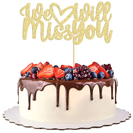 Gyufise 1Pc Gold Glitter We Will Miss You Cake Topper for Job Change Farewell Retirement Graduation Party Cake Decorations