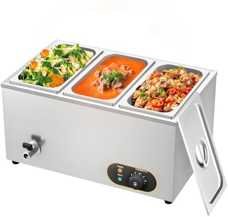 MOOTACO Bain Marie Elektrisch Speisenwärmer Wasserbad GN-Behältern 1/3x3 | Gastro Warmhalter Edelstahl mit Ablaufhahn,Elektrischer Buffetwärmer 3 behälter, Wasserbad Temperatur einstellbar von 30-85°C