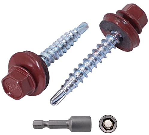 SKIR'CO Lot de 300 vis de toiture en métal, 4,8 x 35 mm, peintes auto-perceuses avec rondelles EPDM, vis hexagonale en tôle (300, rouge oxyde de zirconium) RAL 3009