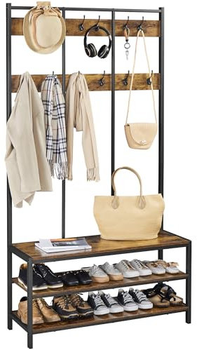 Yaheetech Large Coat Rack Stand, Hall Tree with 24 Hooks and Shoe Bench, 3-in-1 Design,Free Standing Clothes Hat Rack with Metal Frame for Hallway Entryway Living Room, Rustic Brown and Black