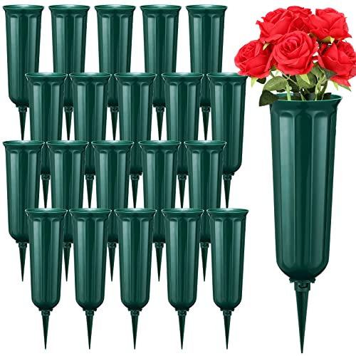 Irenare 20 Pack Cemetery Vases with Spikes Plastic Vase for Flower Grave Decorations for Cemetery Grave Flower Holder Memorial Floral Vases for Outdoor Grave Funeral Decorations(Green)