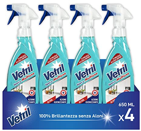 Vetril - Spray Igienizzante Vetri e Superfici, Contro Batteri e Cattivi Odori, Brillantezza Senza Aloni, 650 ml x 4