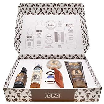 Reuzel Bartpflegeset Geschenkset - Beard Box 6-tlg. | Bartöl, Bartbalsam & Beard Foam Wood & Spice, Bartshampoo, Bartkamm, Schlüsselanhänger