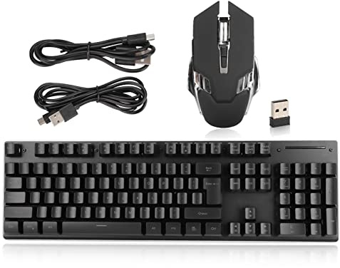 Clavier de Jeu Souris Combo, 104 Touches 2.4G Clavier de Jeu mécanique sans Fil 1200-3200DPI Ensemble de Souris avec rétroéclairage LED RVB, 2 Niveaux de luminosité, Touches de Raccourci FN, Batterie