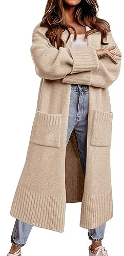 Danedvi Long Cardigan Sweaters for Women 2025 Fall Open Front Knit Oversized Cardigans Duster Coat with Pockets Apricot